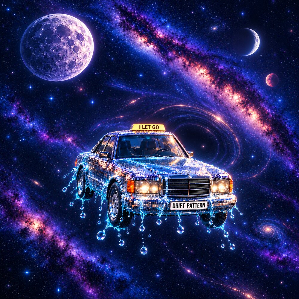 I Let Go cover: a mirrored Mercedes taxi floats through a violet galaxy