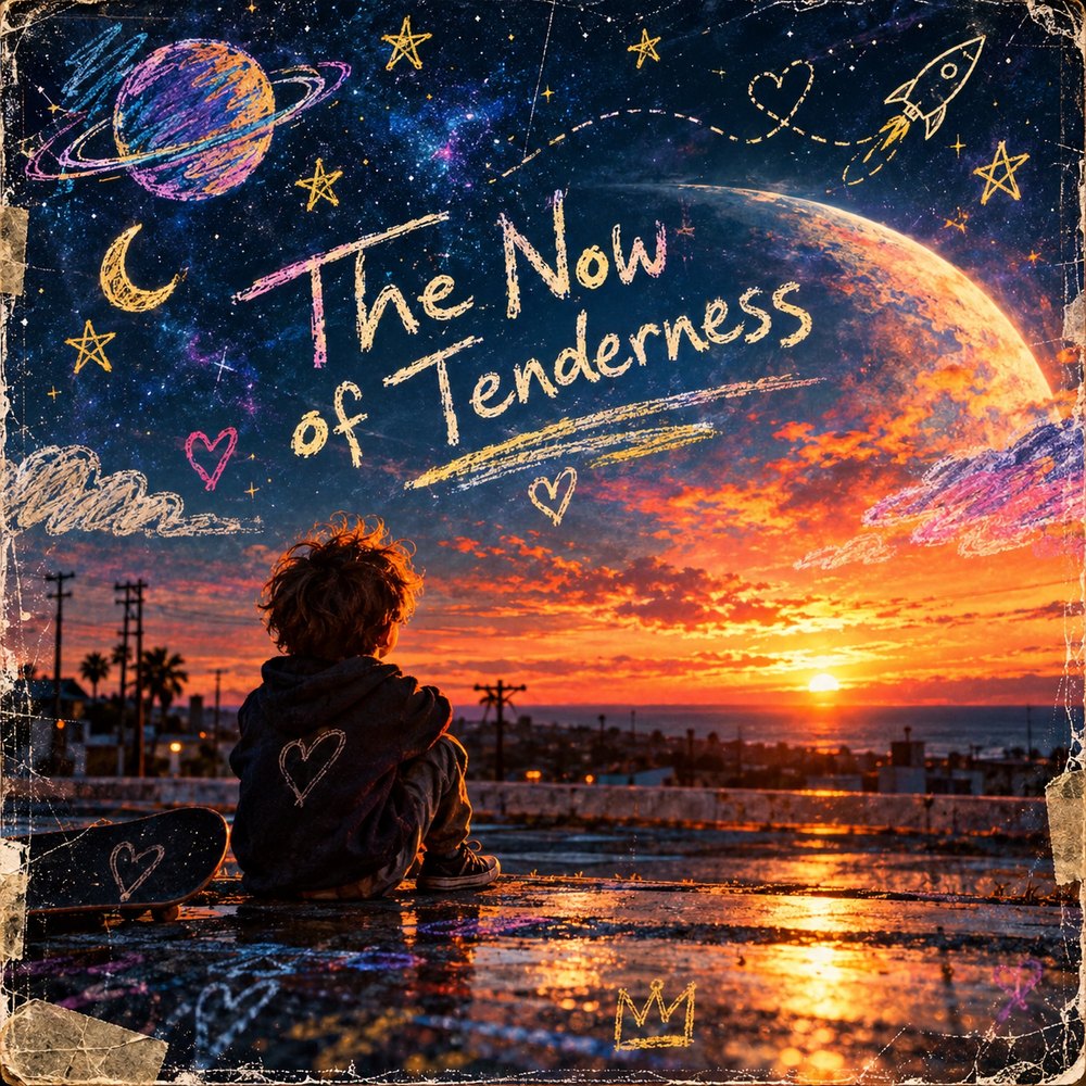The Now of Tenderness cover: a boy sits by the ocean under a chalk-drawn sunset sky