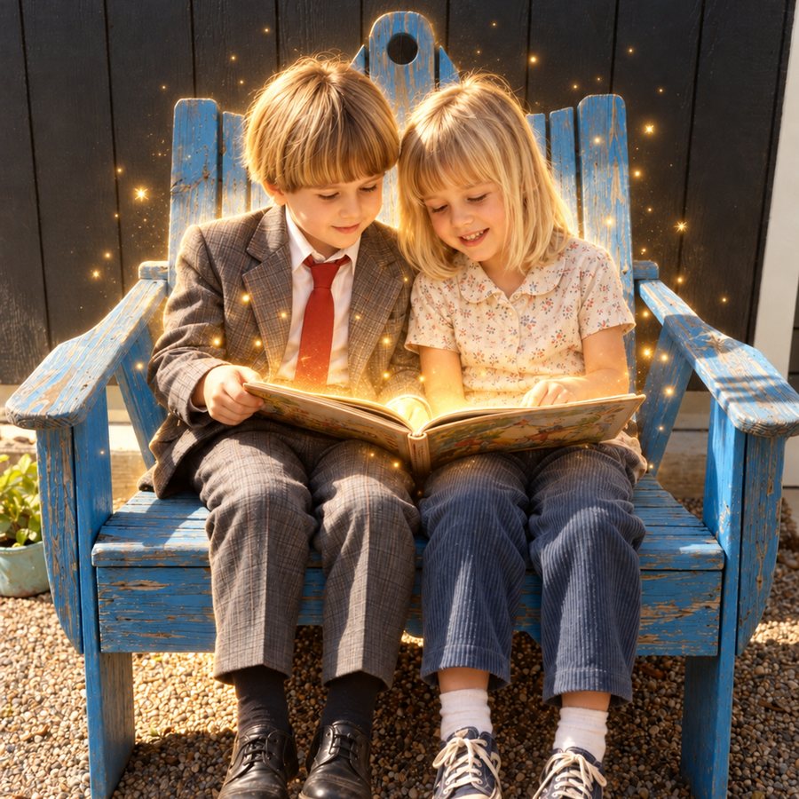 Two children share a glowing storybook on a blue wooden chair